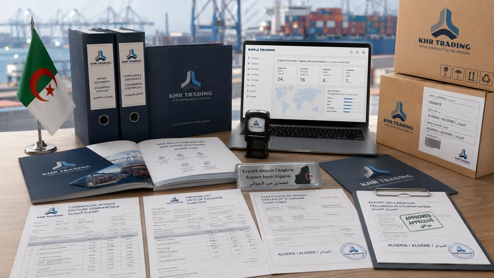 Illustration d’un dossier documentaire KHR Trading préparé pour l’export